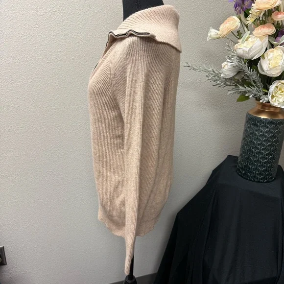 Beige Ribbed Half Zip Collared Sweater XXL | Cozy Fall Winter Knit Pullover - Picture 4 of 10
